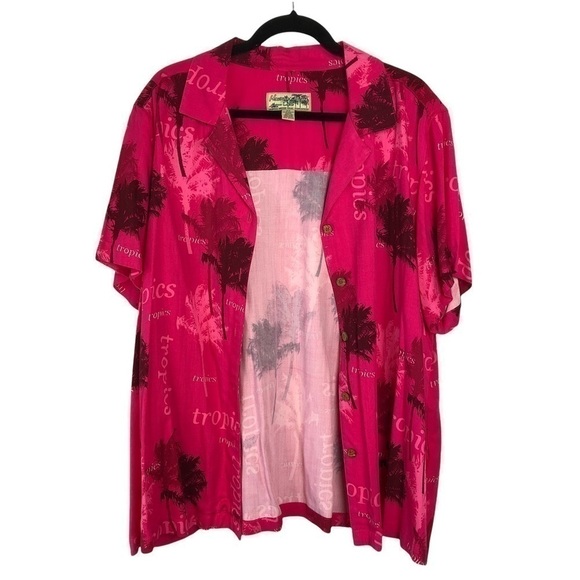 Havana Jacks Cafe Tropical Hawaiian Button Short Sleeve Shirt Pink palm tree - Picture 8 of 8